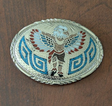 Belt Buckle Sliver Tone Metal with Inlaid Turquoise  Enamel , Native American