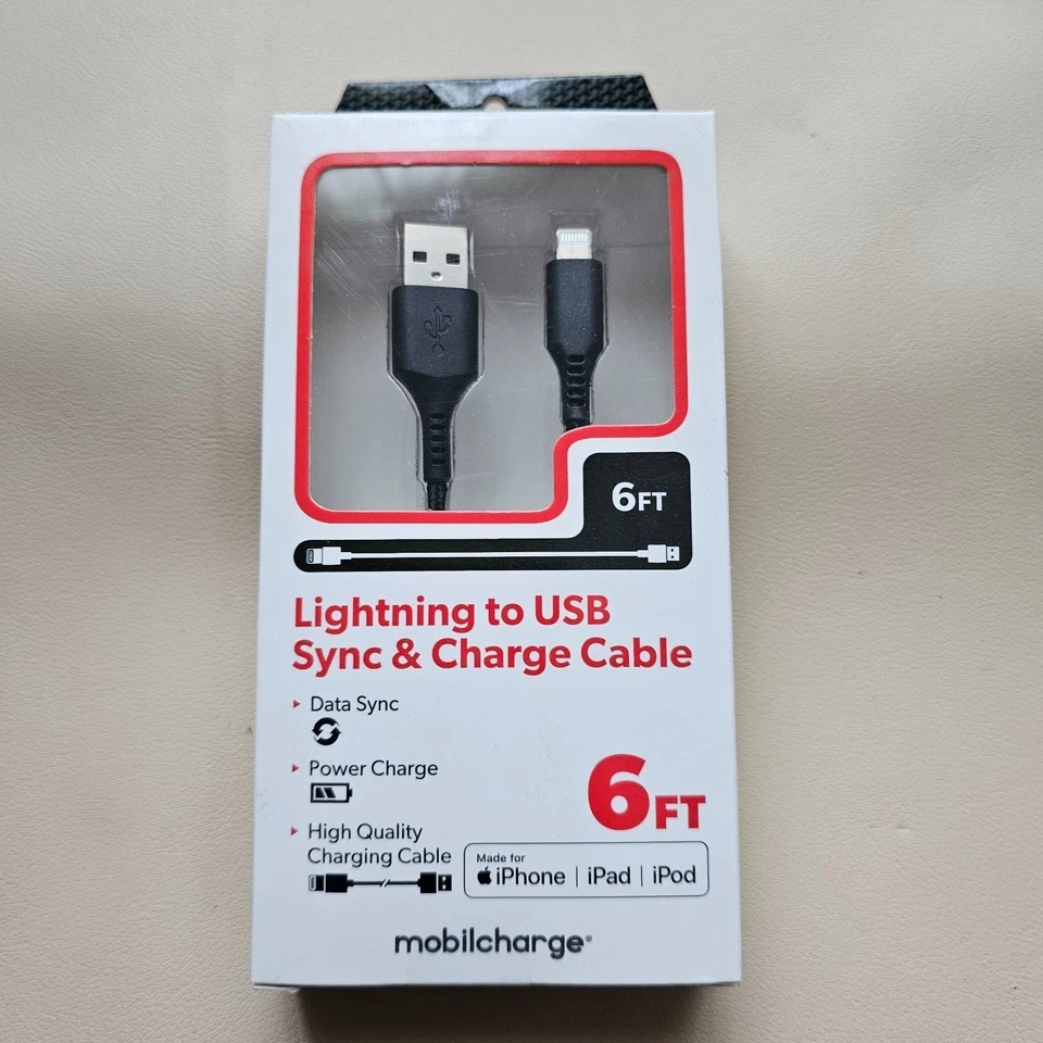 NIB Mobilcharge Lightening To USB Sync & Charge 6 Ft Cable BLACK - Image 3 of 4