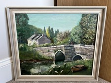 Leryn by I. Jackson signed framed painting bridge cottage river boat 52 x 44 cm