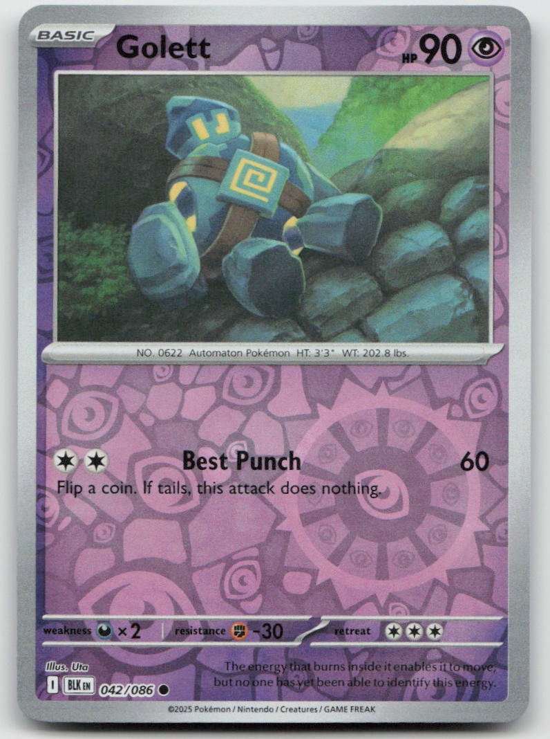 Golett 042/086 Common Black Bolt Pokemon Reverse Holo Near Mint