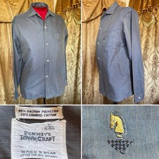 1960s Penney s Towncraft Loop Collar Grey/Blue Long Sleeve Shirt M 15 1/2 60s