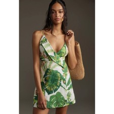 Farm Rio Tropical Forest Sleeveless V-Neck Linen Mini Dress Floral Womens Medium