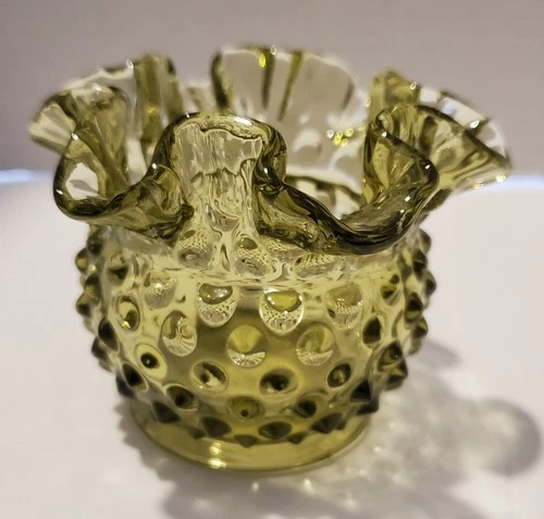 Vintage MCM  Fenton Olive Green Hobnail Glass Bowl Candle Holder Ruffle Edge￼