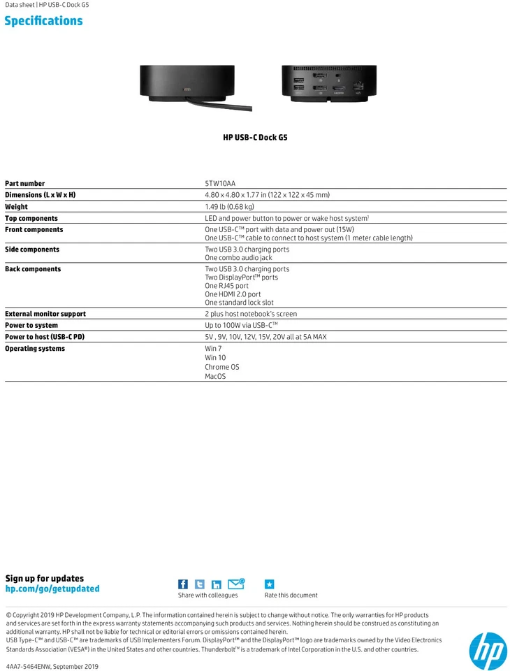 Estación de Acoplamiento HP USB-C Dock G5 100W para Laptop Notebook 5TW10AA Foto 3 de 4