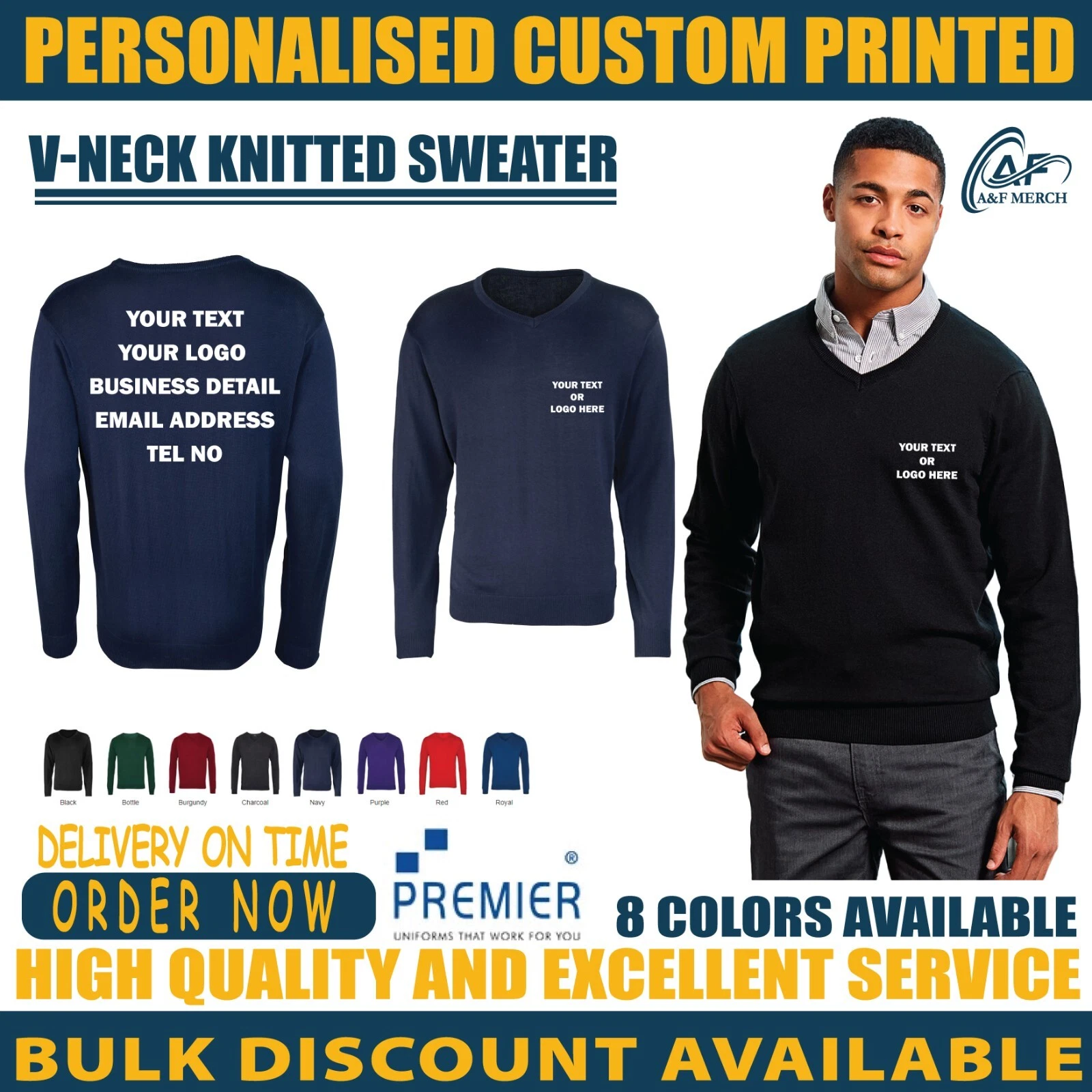 Personalised Custom Premier V-neck Knitted Sweater Long Sleeve Office PR694