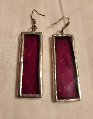 Red Stained Glass Nickel Free Stainless Steel Silver Solder Art Earrings 2.5''L