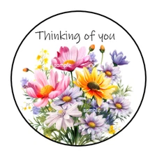 30 THINKING OF YOU ENVELOPE SEALS STICKERS LABELS TAGS 1.5" ROUND WILDFLOWERS