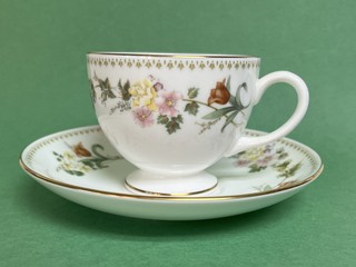 WEDGWOOD MIRABELLE FOOTED CUP AND SAUCER WHTE FLORAL GOLD TRIM MADE IN ENGLAND