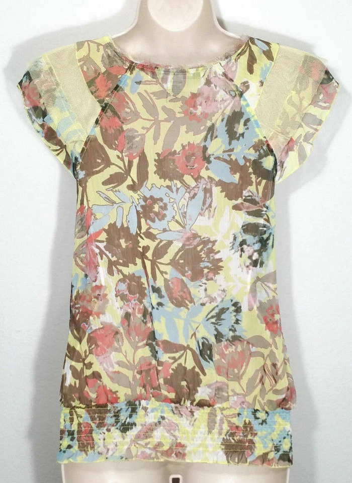 American Rag Women Extra Small Top Semi Sheer Frayed Neck Smocked Waist Floral - Image 3 of 4