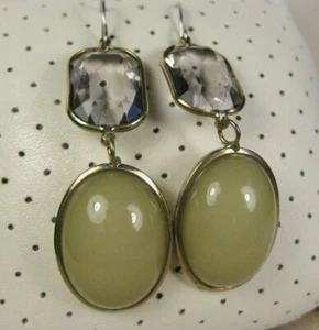 New Huge Designer Trifari Gold Tone Rhinestone Light Green Cabochon Earrings