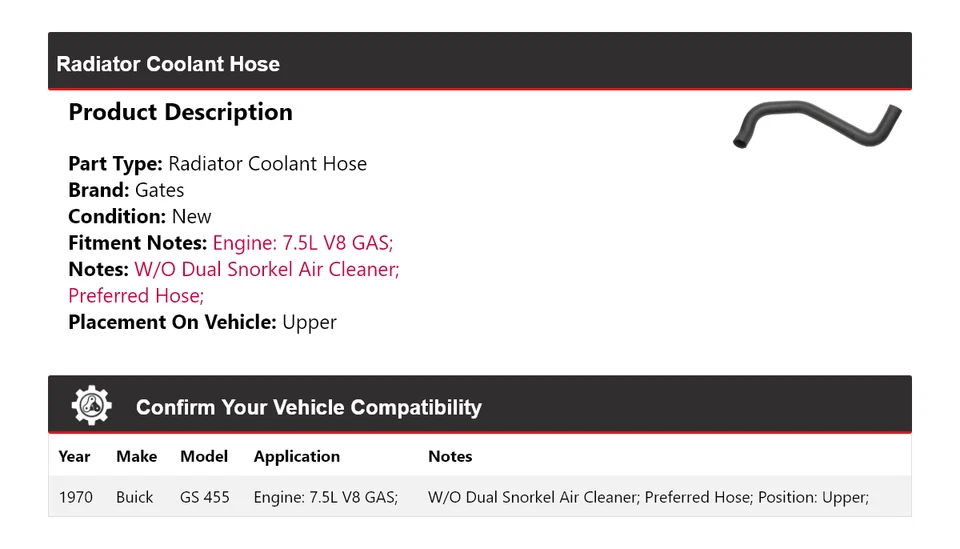 Manguera de refrigerante de radiador de gas para Buick GS 455 1970 7,5 L V8 puertas superiores Foto 2 de 4