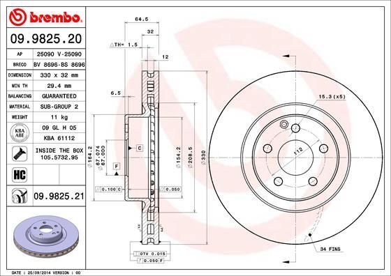 2X Brembo 09.9825.21 Bremsscheibe FüR MERCEDES-BENZ-image