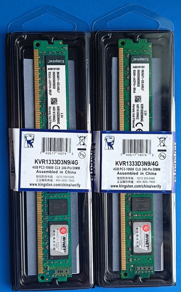 kingston 8GB 2x 4 GB PC3-10600 Ddr3-1333 MHz KVR1333D3N9/4G DIMM memoria desktop - Immagine 3 di 4