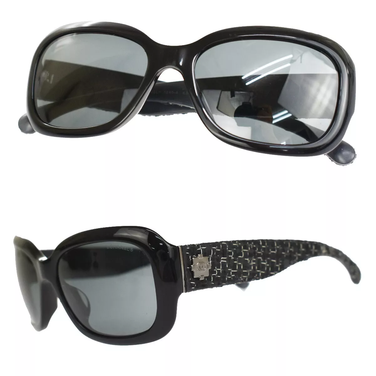 CHANEL CC Logo Tweed Sunglasses Eye Wear Plastic Black 5240-A Italy 05YA945