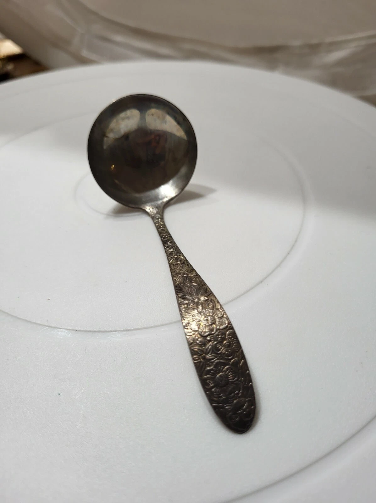 Antique Sterling Silver Small Gravy Serving Spoon Floral Flower handle Ornate