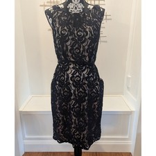 Nine West Black Lace Overlay Sheath Dress Belted Sleeveless Women's Sz M