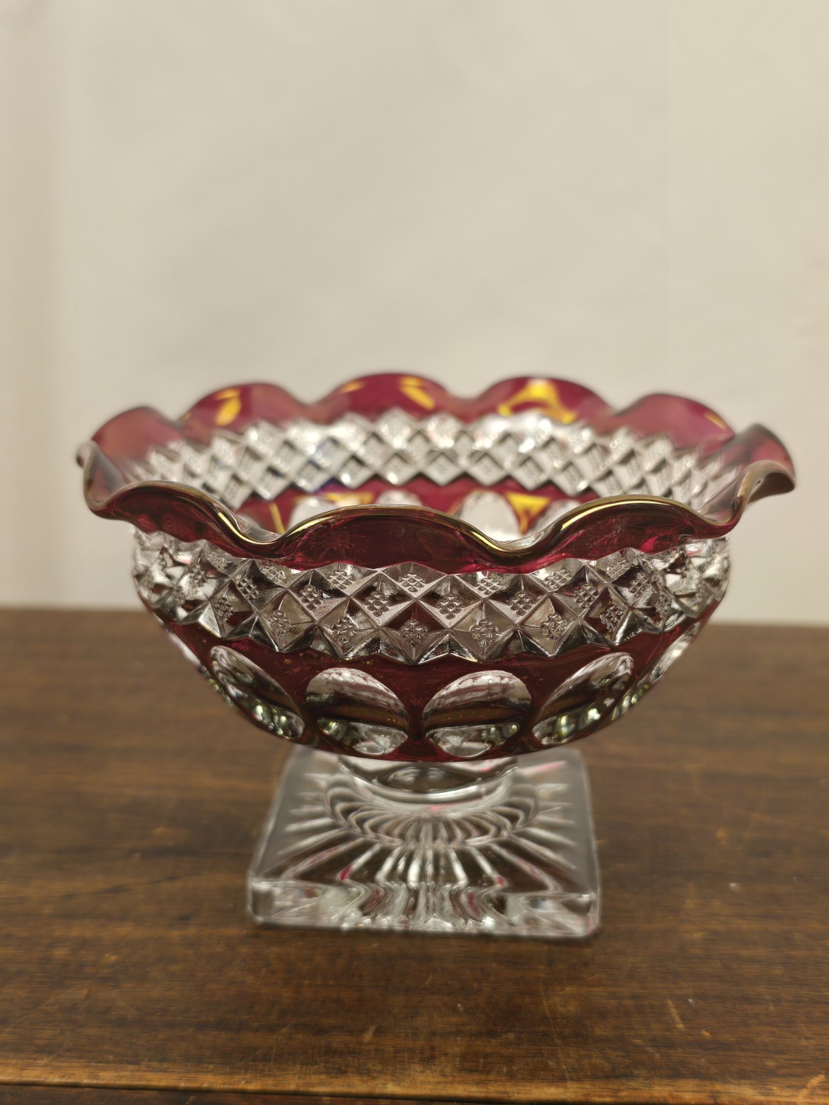 VTG Westmoreland Glass Waterford Ruby Ruffled Diamond & Thumbprint Footed Bowl