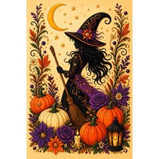 Halloween Witch Diamond Painting Kit Full Round Drill Pumpkin Moon 16x16 in