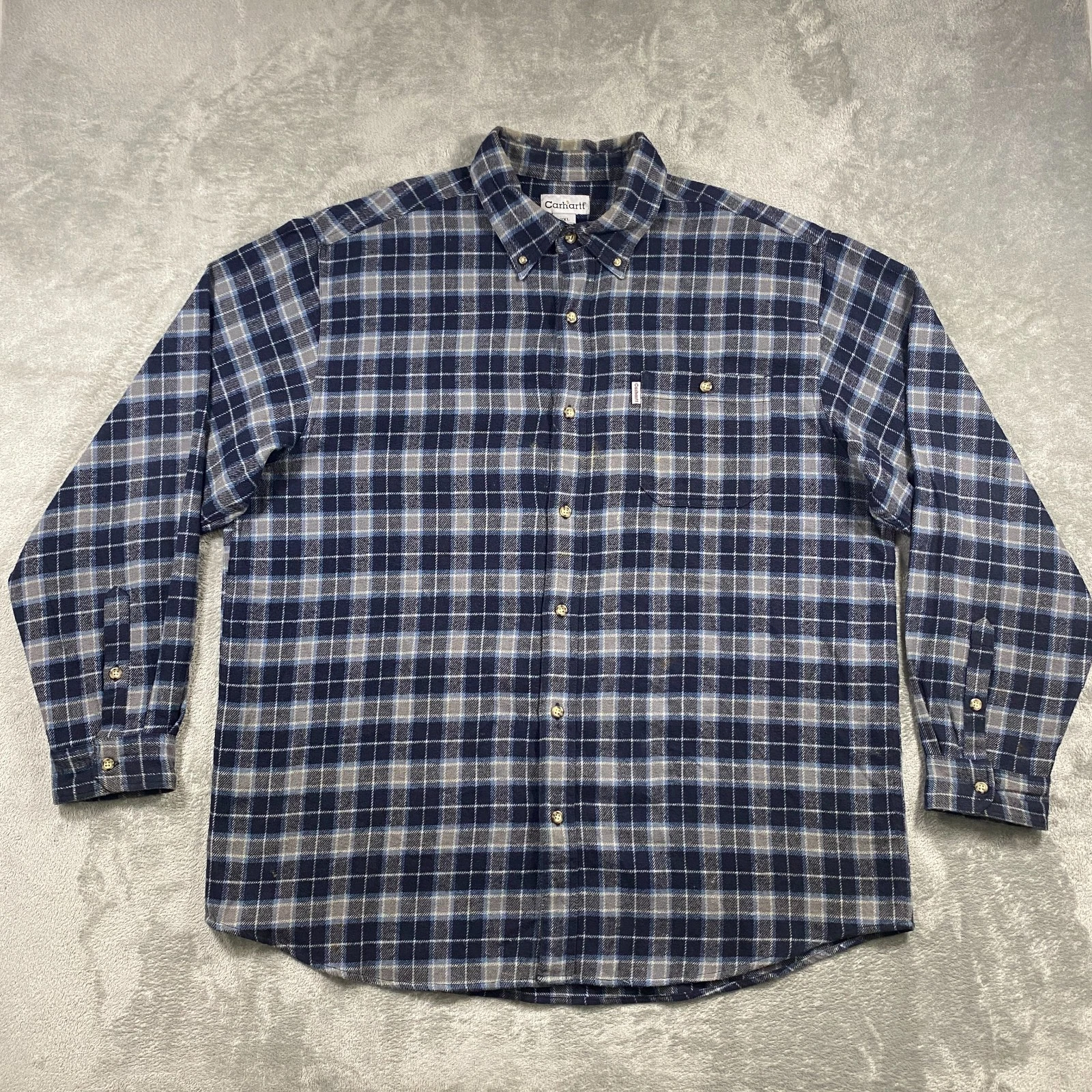 Carhartt Flannel Shirt Mens 2XL Blue Gray Plaid Button Down Outdoor Workwear