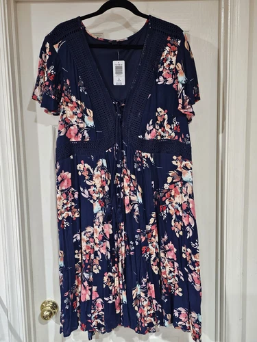 Torrid Womens Plus Size 2X Floral Print Gauze Lace-Up Mini Skater Dress Lined - Picture 2 of 10