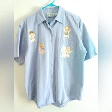 Cute Vintage Angels Applique Camp Shirt Kawaii Cottagecore Cottage Mom Medium