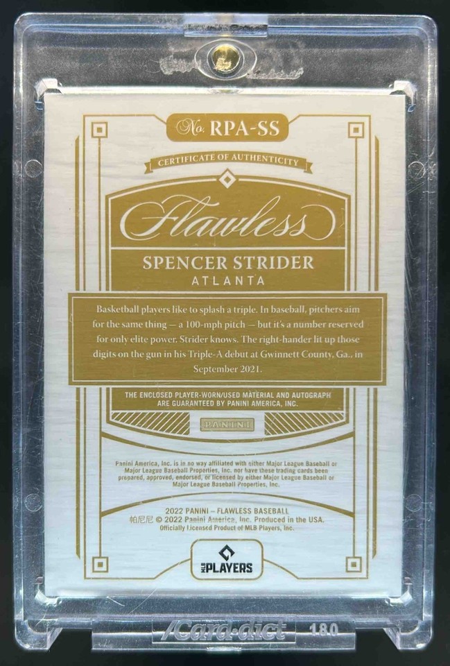 2022 Flawless Spencer Strider Rookie Patch Auto Rookie RC #7/25 Braves ...