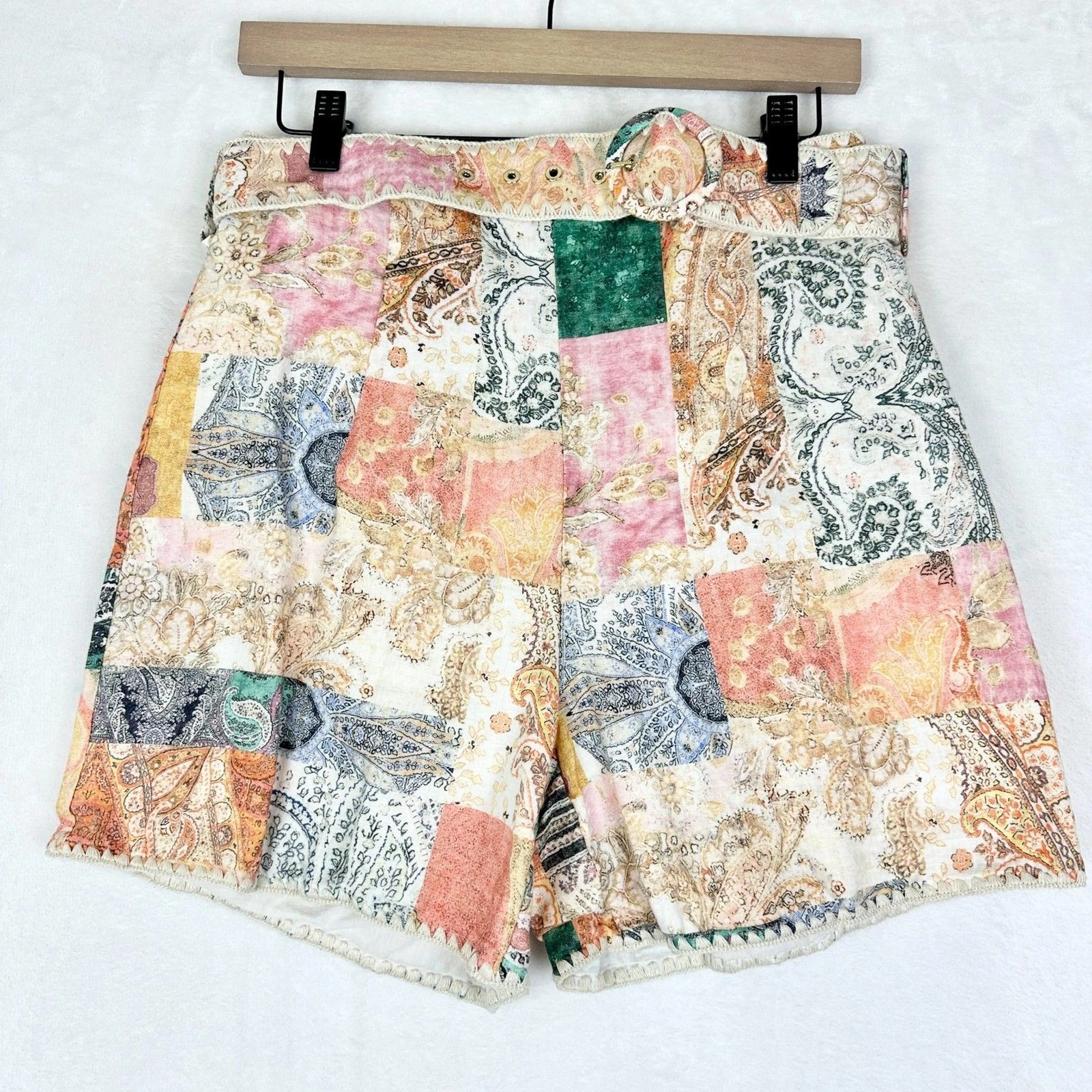 Magaschoni Patchwork Linen Shorts Size 4 Belted High Waist Paisley Boho Festival