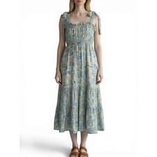 Boho Midi Dress Blue Tie Strap Elastic Waist Ruffle Hem Flowy Casual Size L