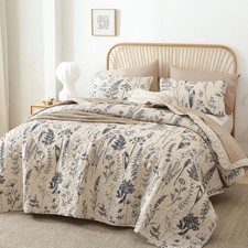 Quilt King Size Beige Quilt Bed Spread Boho Quilt with Floral Pattern Microfiber