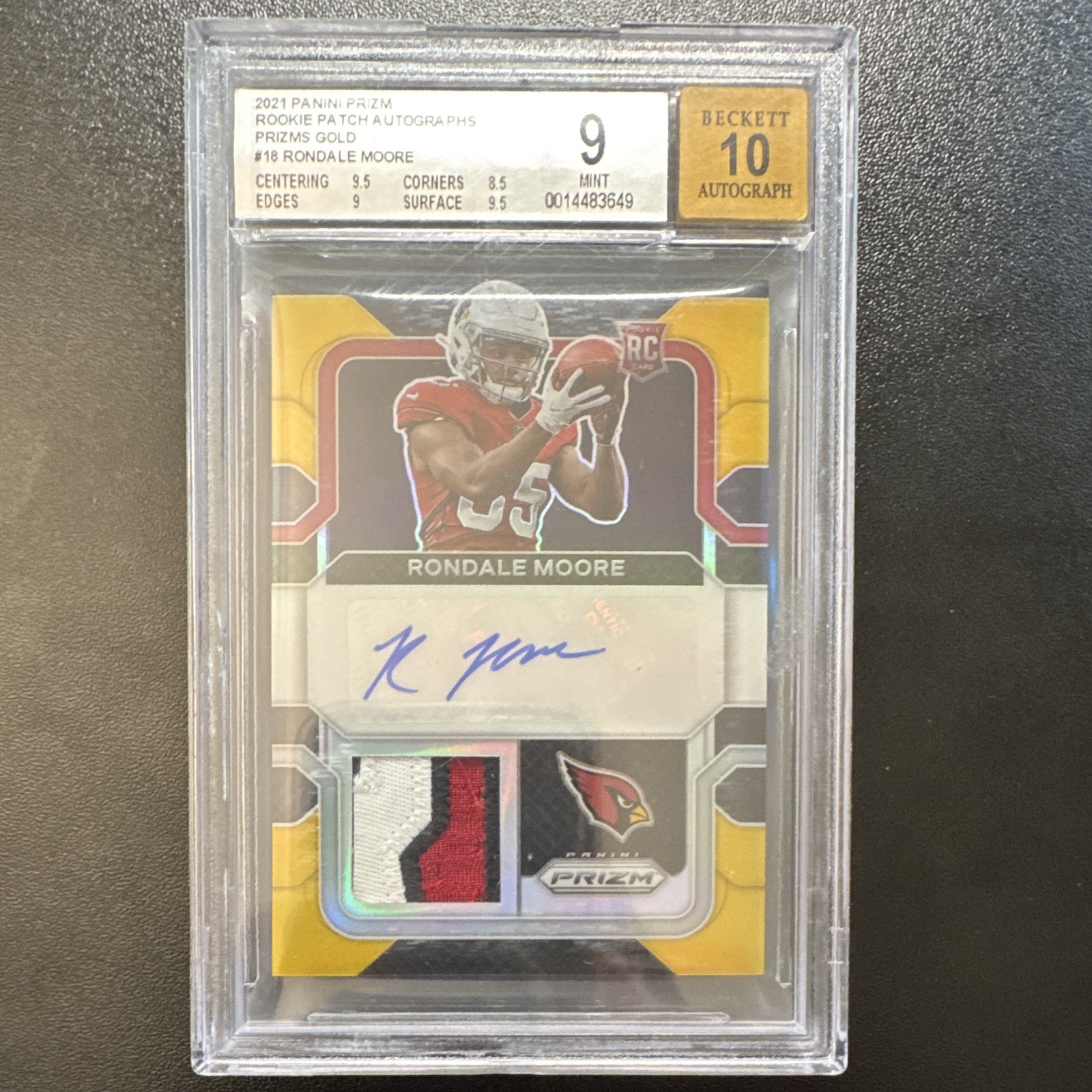 Panini 2021 Prizm Rondale Moore RC RPA-RM Gold Prizm Auto Patch 07/10