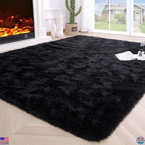 Fluffy Black Area Rug 4x5.3 Feet Thick Shag Non-Slip Soft Plush Carpet ...