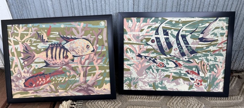 Lot Of 2 Vintage Fish Ocean Paint By Number Paintings - Angel Fish Is Not Done