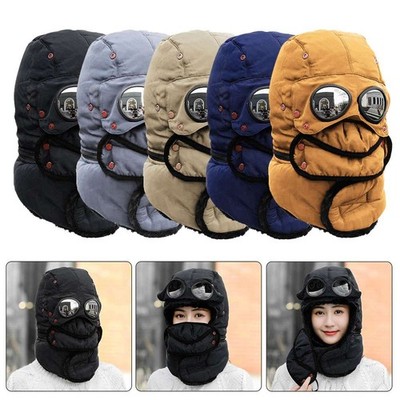 Winter Ear Flap Trapper Hat Face Mask Fur Warm Snow Ski Cap W/Goggles Glasses