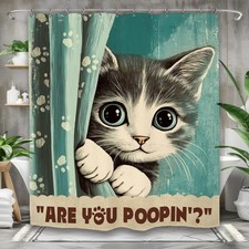 Funny Cat Kitty Shower Curtain 60x72 Inch Cute Teal Pet Retro With 12 Hooks