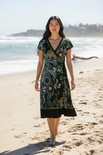 Studio I Dress Womens 10 Black Green Paisley Floral Mock Wrap V Neck A Line Boho