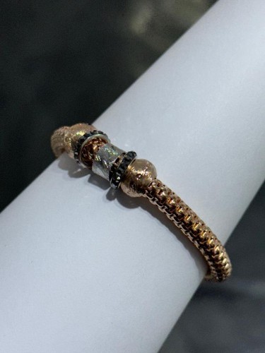 Rose Gold Sterling Diamond Cut Large Bead Design Stretch Bracelet 7" Length Gift - Picture 7 of 10