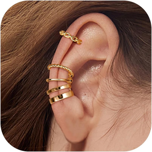 Chunky Ear Cuff for Women 14K Gold Plated Huggie Hoop, Faux Diamond Non Piercing