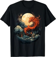Japanese Aesthetic Dragon Waves Moon Vintage T-shirt Size S-5XL