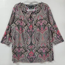 INC Top Women's 2X Button Peek-a-boo Neckline Paisley Embelished Mesh Overlay