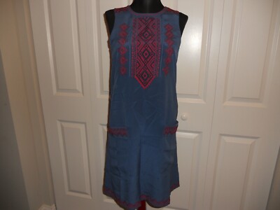 NWT MADEWELL 1937 100% SILK EMBROIDERED TUNIC DRESS DARK CHAMBRAY SIZES XS,  S