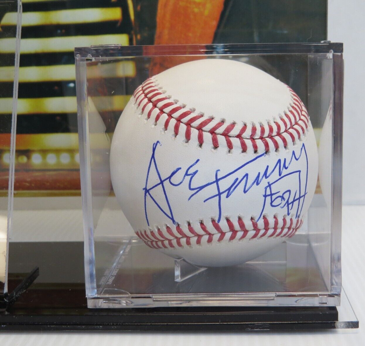 KISS ACE FREHLEY AUTOGRAPH BASEBALL DISPLAY & PHOTO GUITAR PICK & DONRUSS CARD