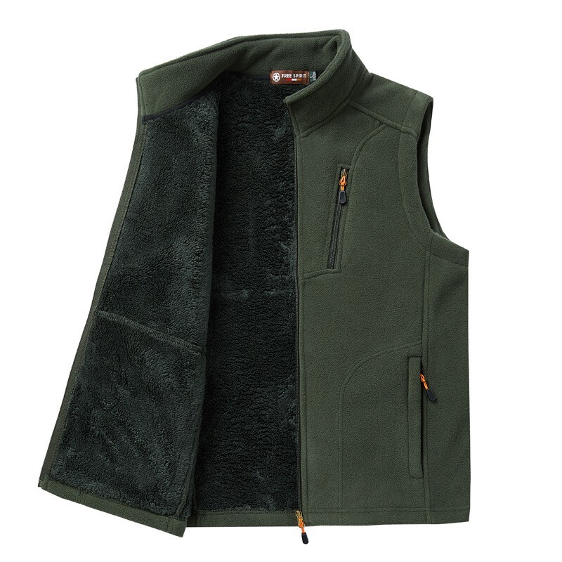Men's fleece vest with thickened standing collar, shoulder, and fleece fleece ve