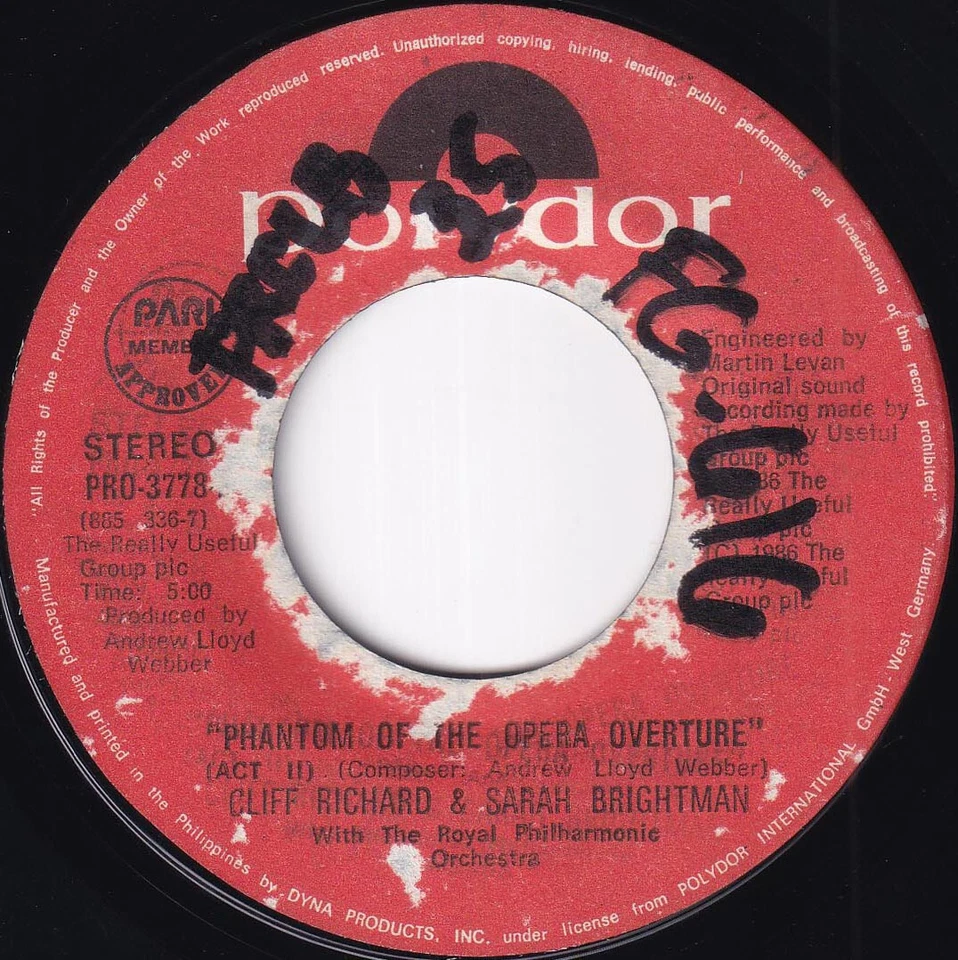 Philippines CLIFF RICHARD & SARAH BRIGHTMAN All I Ask Of You 45 rpm Vinyl Record - Image 4 of 4