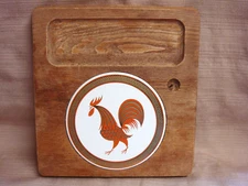 Vintage 10" Square WOOD CRACKER TRAY w/ Round ROOSTER CERAMIC CHEESE TILE