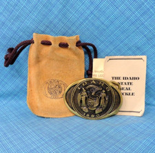 Idaho Great Seal 1890 Belt Buckle Brass Papers and Bag Vtg 70s Heritage .SHY049