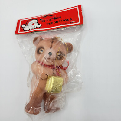 Vintage Flocked Orange Brown Bear Ornament Gold Present Holiday Home Decor 4''