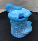 Vintage Blue Milk Glass Opaline Condiment/Spice Jar Tree Stump Turkey Bird Mint