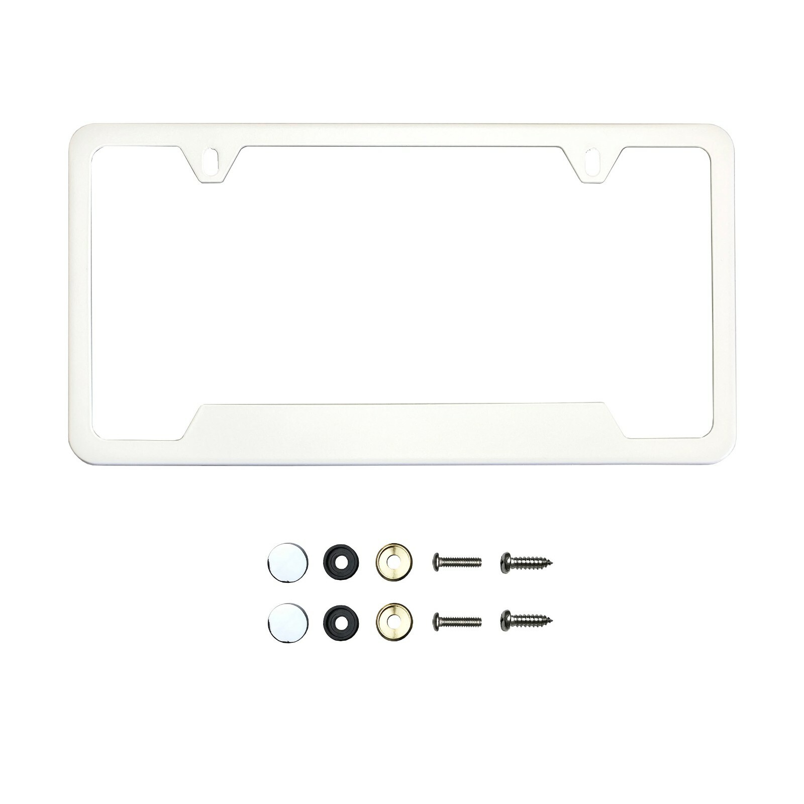 Bottom Corner Cut Out Matte Flat White License Frame  + Metal Screw Caps