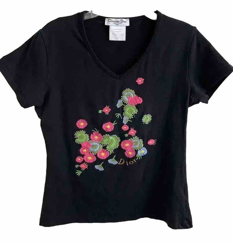 Vintage Christian Dior Boutique Paris Tee Shirt 90s Logo Embroidered Flowers 10 - 第 1/11 張圖片