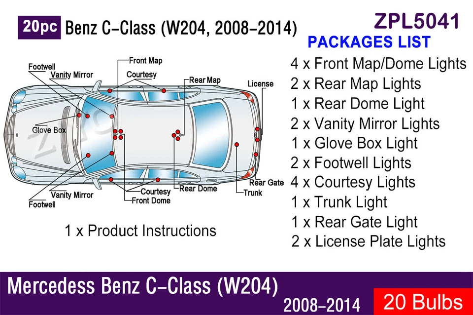 Kit de 20 Bombillas LED Interior para Mercedes Benz Clase C W204 Bombillas Blancas Foto 2 de 4